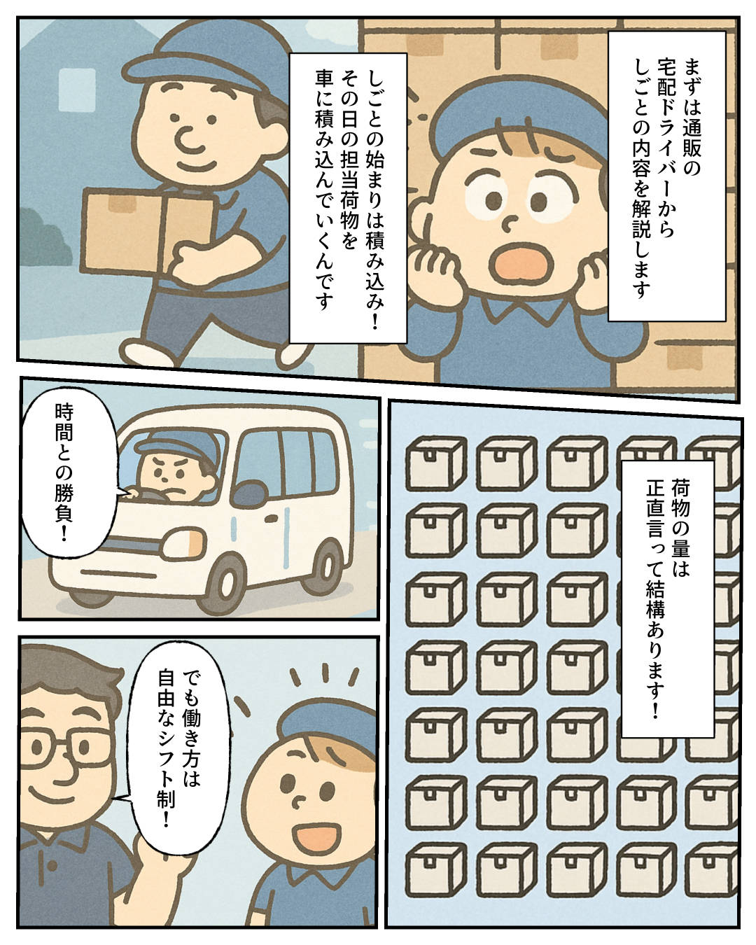 【1コマめ】まずは通販の宅配ドライバーからしごとの内容を解説します。しごとの始まりは積み込み! その日の担当荷物を車に積み込んでいくんです。 / 【2コマめ】荷物の量は正直言って結構あります! / 【3コマめ】時間との勝負! / 【4コマめ】でも働き方は自由なシフト制!