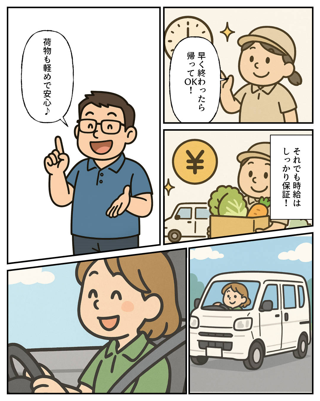 【1コマめ】早く終わったら帰ってOK! / 【2コマめ】それでも時給はしっかり保証! / 【3コマめ】荷物も軽めで安心♪
